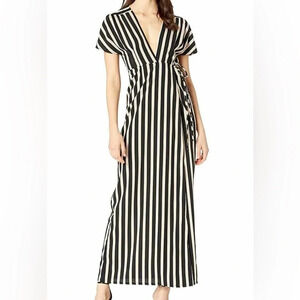 Amuse Society Black Tan Striped V-Neck Fit To Be Tied True Wrap Dress Size S